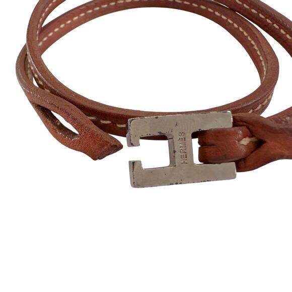 Hermes Tillet Leather Double Wrap Bracelet (Brown w White Stitching) - Picture 6 of 9